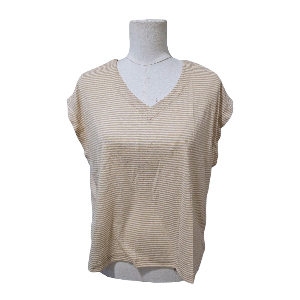 Madewell Womens Tan White Striped V-Neck Linen Blend Cap Sleeve T-Shirt Size M
